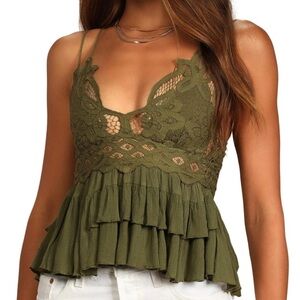 Free People One Adella Cami Tank Top in Green Women's Size Large Lace Ruffle
